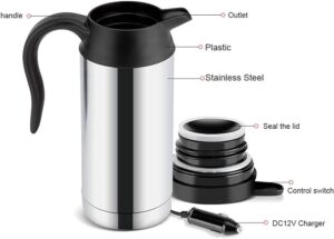 Chaleira elétrica para carro, 12 V, 750 ml, copo de aquecimento de aço inoxidável, caneca de café, garrafa de água para viagem, chaleira de 12 V, chaleira de água, cafeteira, copo de aquecimento de carro, chaleira elétrica para carro